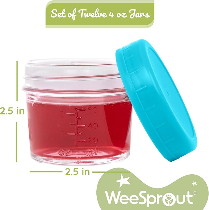 WeeSprout Glass Baby Food Storage Jars w/Lids (4 oz, 12 Pack Set) Snack, Puree, Reusable Small Containers, Breast Milk, Fridge or Freezer, Microwave & Dishwasher Safe, Essential Must Have for Infants
