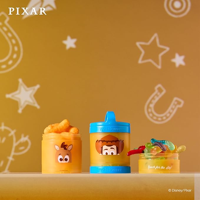 Whiskware Disney Pixar Stackable Snack Containers for Kids and Toddlers, 3 Stackable Polypropylene Snack Cups for School and Travel, Toy Story Woody and Bullseye