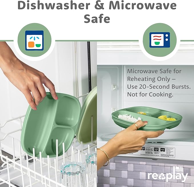 Re-Play Toddler Plates with Dividers & Silicone Lid - Deep-Walled 3 Compartments Divided Plates for Kids - Dishwasher/Microwave Safe - Made in USA - Set of 4-7.37" x 7.37" x 1.25" - Desert Sands