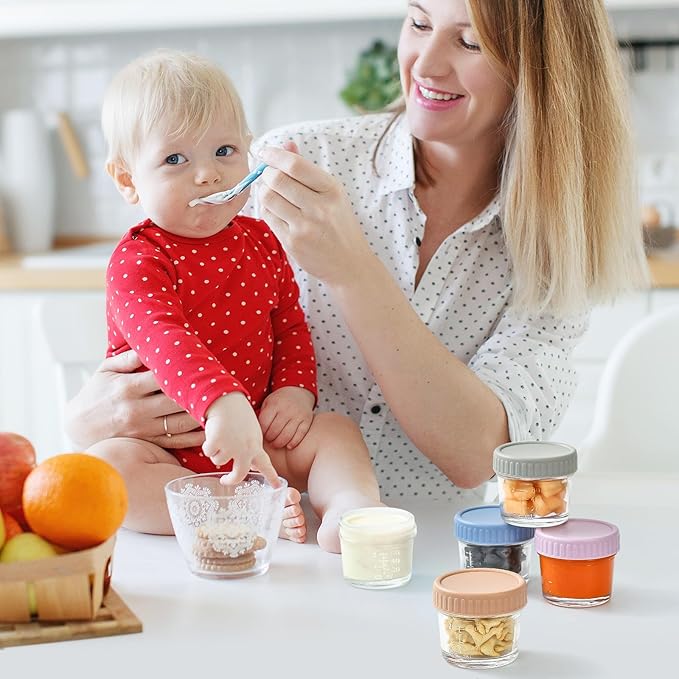 DRKIO 12 Pack Glass Baby Food Storage Containers - 4 Oz Baby Food Jars with Lids Baby Food Maker Microwave Dishwasher Freezer Safe 100% Leak Proof BPA Free Reusable