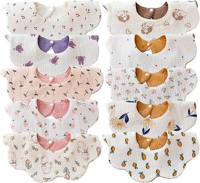 EllieHouse Baby Bibs for Girls Boys 10Pack Muslin Drool Teeth Drooling Teething Bibs Muslin Cotton for Infant Toddler