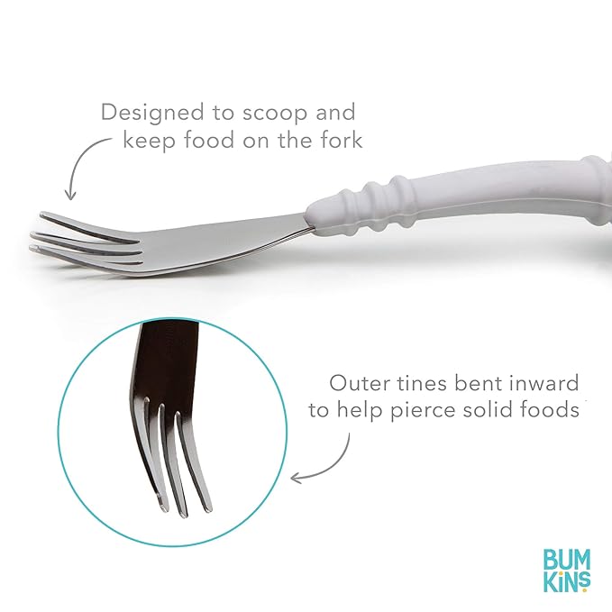 Bumkins Toddler Utensils, Kids Size Fork and Spoon Set, Silicone and Stainless-Steel Training Silverware, Angled Forks / Sporks for Self-Feeding, Children Hold Learning to Eat, 18 Months Up, Lavender