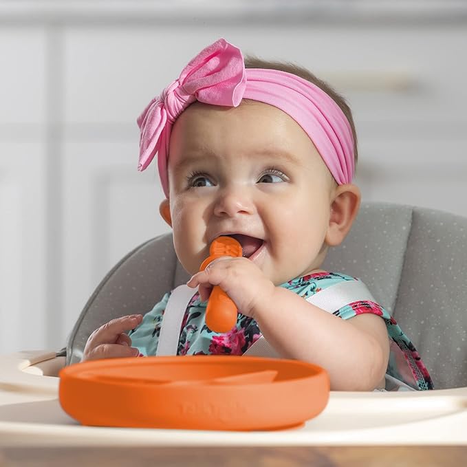 TalkTools ITSY Silicone Baby Plates Set with Suction – Feeding Essentials for Toddlers 6–12 Months+ | BLW Mealtime Set with Twin Spoon, Spill-Proof Sippy Cup | Self-Feeding Utensils (Tangerine)