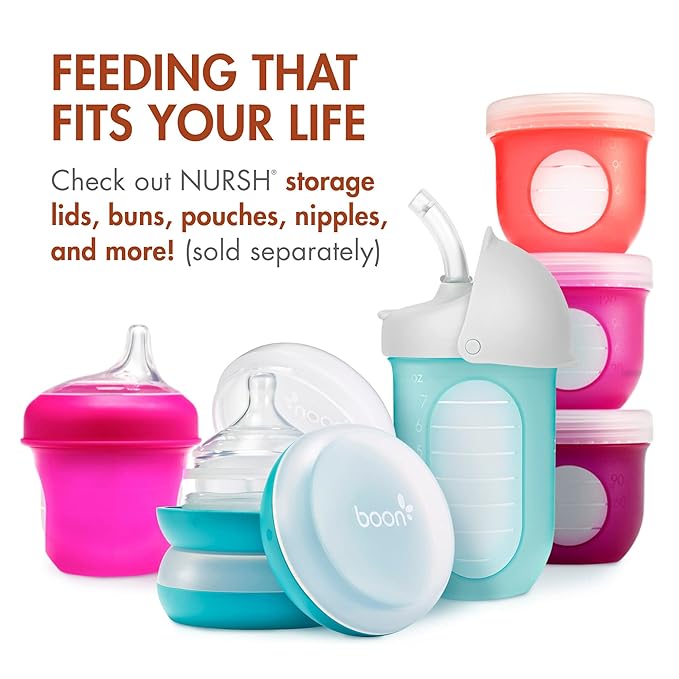 Boon Nursh Reusable Silicone Pouch Baby Bottles - Medium Flow Nipple - Silicone Baby Bottle Pouch and Nipple - Baby Feeding Essentials - Speckle - 3-6 Months - 3 Count - 8 Ounce