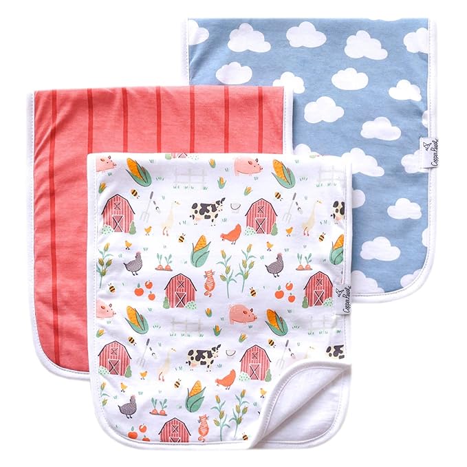 Copper Pearl Premium Baby Burp Cloths - 3-Pack Large Cotton Burp Cloths, Extra Soft Spit Up Rags with 3 Absorbent Layers, Perfect for Baby Boy and Baby Girl Gifts (21" x 10" Size, Farmstead Set)