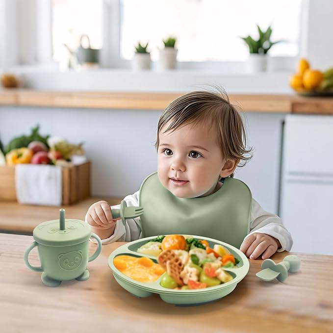 Baby Led Weaning Supplies, 17 Piece BPA-Free Silicone Feeding Set, Eating Essentials Baby Utensils with Suction Plate and Bowl, Pocket Bib, Sippy Cup with Lid, for 6+ Months, Green