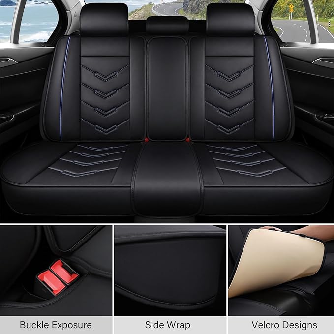 Leather Car Seat Covers Fit for LR LR4 2009-2016, 5 Seater Waterproof and Wear-Resistant Seat Cover Interior Accessories(Full Set with Pillow,Black&Blue)