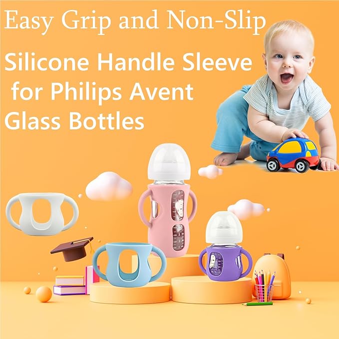 4 Pack Silicone Sleeves for Avent Natural Glass Baby Bottles, Silicone and Easy-Grip Handles for Drop Protection, Compatible with Philips Avent 4/8 OZ Glass Bottle (2 Pink+2 Purple, 4 OZ)
