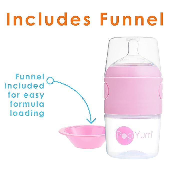 PopYum 5 oz Pink Anti-Colic Formula Making/Mixing/Dispenser Baby Bottles, 2-Pack with #1 Slow Flow Nipples, 150 ml, BPA-Free, Natural Latch