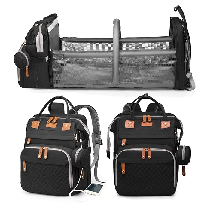 Jeryswet Baby Diaper Bags with Changing Station, Waterproof Large Capacity Diaper Bag Backpack for Moms Dads with USB Charging Port and Stroller Straps, Baby Shower Gifts, Black