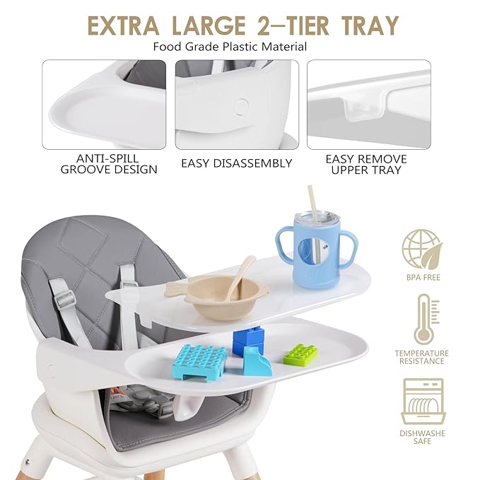 6 in 1 Baby High Chair, Convertible Wooden High Chairs/Booster Seat for Babies and Toddlers, Baby Feeding Chair with 5-Point Harness/Double Removable Tray & Adjustable Footrest (Grey)