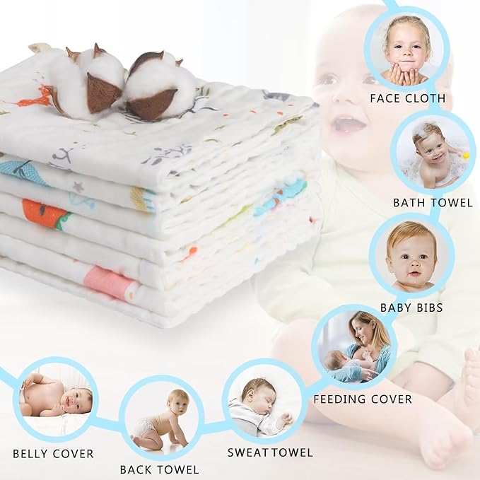 FOOK FISH Muslin Burp Cloths Cotton Burping Cloth 20'' X 10'' Pack of 6 for Baby Spit Up Cloths for Newborn,Absorbent,Soft,Large,6 Layers,Baby Burp Rags,Unisex,for Boys and Girls