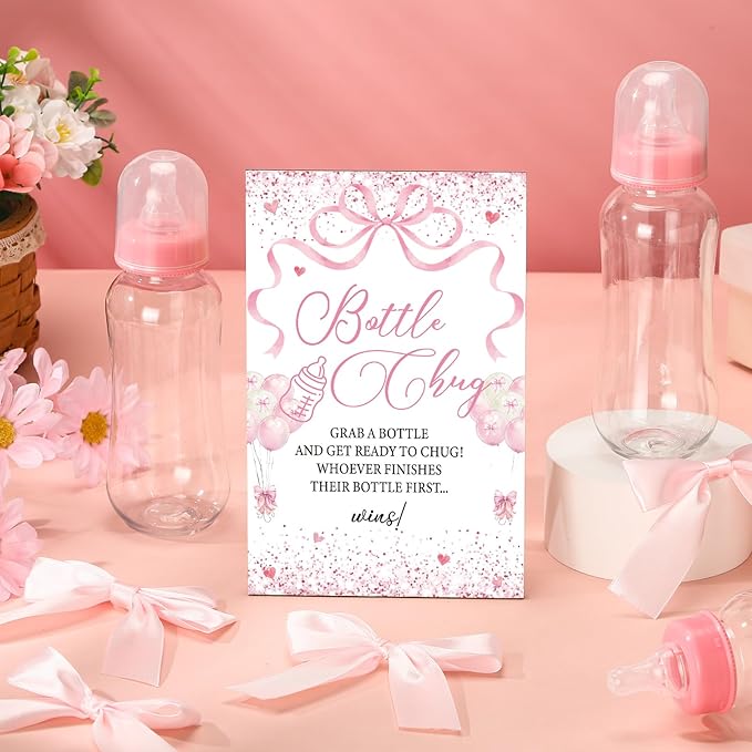 TrelaCo Cool Baby Shower Games Bottle Chug Sign and 12 Pcs Baby Bottle Shower Favor Baby Bottles for Baby Shower Games Gender Reveal (Pink Bow)