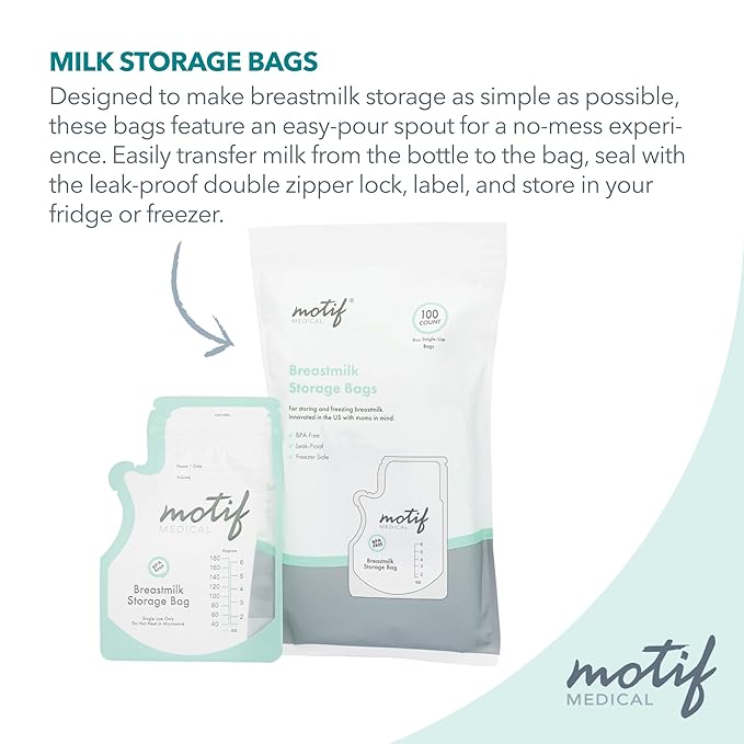 Motif Medical Breastmilk Storage Bags - Breastmilk Freezer Bags w/Easy Pour Spout, Write-On Label - Leak-Proof Double Zipper Milk Bags for Breastmilk - Breastfeeding Mom Gifts (6 oz, 100 Count)