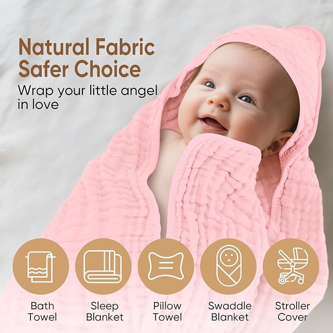 Muslin Hooded Baby Towels 100% Cotton ，Super Soft Muslin Baby Bath Towel - 32 x 32 Inches, Suitable for Newborn and Young Children up to 3 Years Old. (Light Pink & Dark Pink)