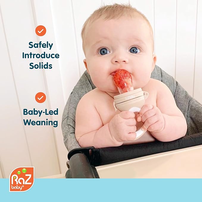 RaZbaby Baby Solids/Frozen Fruit Feeder Pacifier, Infant Teether Toy 6M+, BPA-Free, Safely Introduce Solids, Natural Teething Relief, Dishwasher Safe, Freezable – Blue & Orange 2-Pack