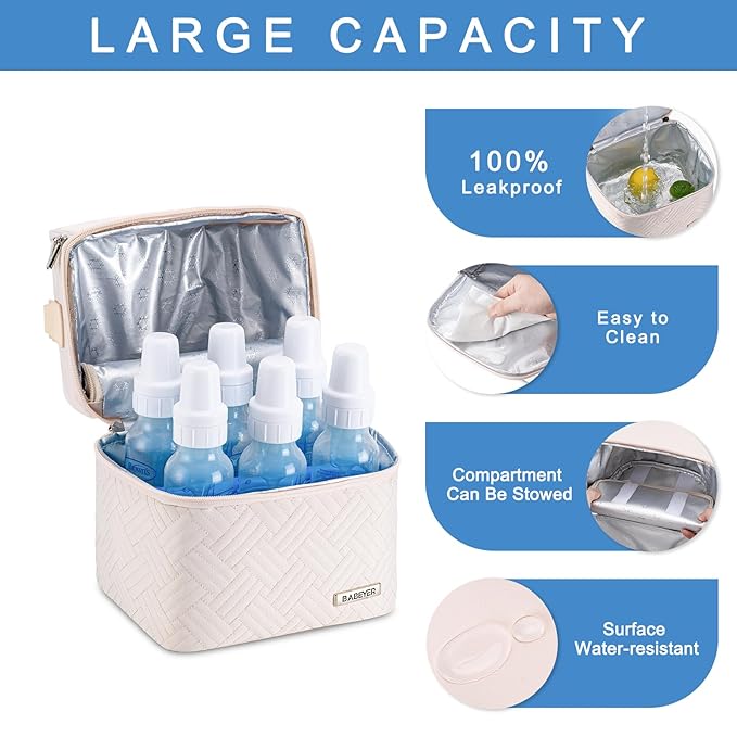 Breastmilk Cooler Bag with Ice Pack Fits 6 Baby Bottles up to 9 Ounce, Breast Milk Pump Cooler Bag with Shoulder Strap for Nursing Mom Daycare, Work, Travel- Cream