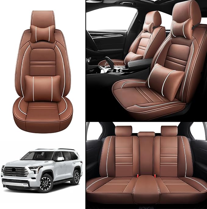 Car Seat Cover for Toyota Sequoia 2008-2025 | 5-Seats Seat Covers, Waterproof Seat Protectors, Automotive Seat Covers (Full Set with Pillow,Coffee)