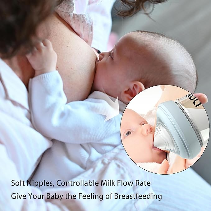 Natural Glass Baby Bottle for Breastfeeding Babies, 3oz Newborn Anti-Colic Baby Bottle with Slow Flow Nipples (SS), Clear, Wide Neck, 2 Pack, 0 Months+