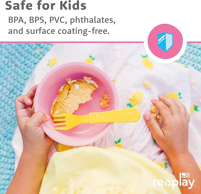 Re-Play 12 oz. Toddler Bowls Set of 4 - Kids Deep-Walled, Durable & Reusable Snack and Meal Bowls, Dishwasher & Microwave Safe, BPA-Free, Made in USA from Recycled Plastic, Aqua Asst