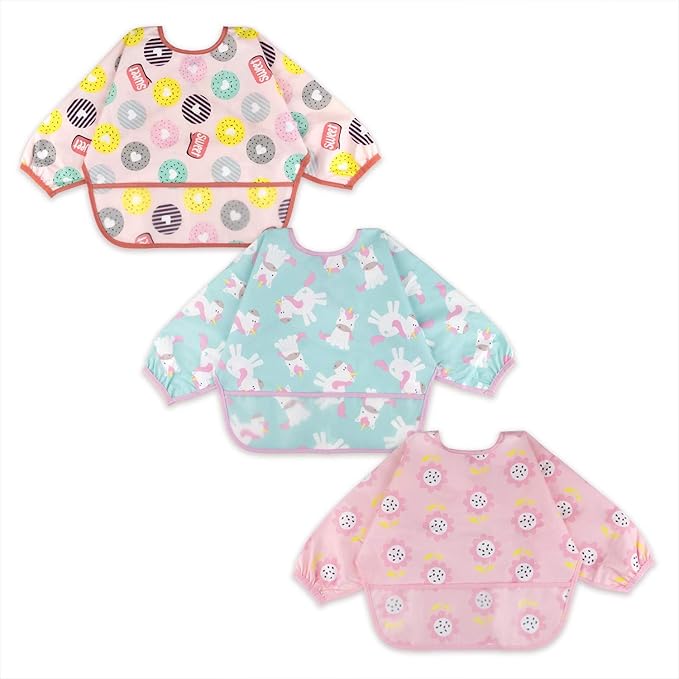 Long Sleeve Bibs For Babies 6-24 Months Full Coverage Shirt Bib for Baby Boys Girls Waterproof Smock Bibs with Sleeves Toddler Mess Free Bib for Eating with Pocket, 3 Pack