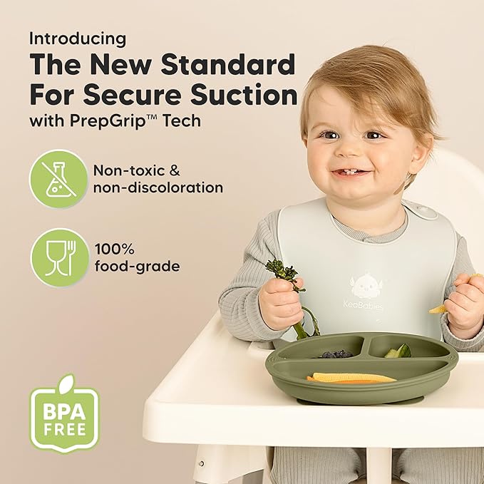 KeaBabies Suction Plates for Baby, Toddler - 3-Pack 100% Silicone Toddler Plates with Suction, Divided, BPA-Free Baby Led Weaning Essentials for Kids, Dishwasher, Microwave Safe, Durable (Harvest)