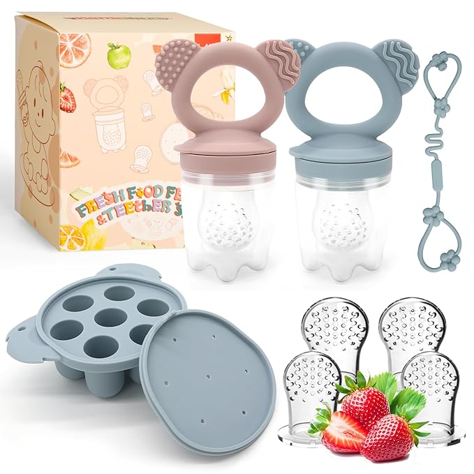 2 Pack Silicone Baby Food Feeders + Mini Freezer Tray for 6 Months+ Infant Solid Food Safe Self Feeding, BPA Free Breastmilk Popsicle Teether Set for Soothe Teething, Christmas Idea Gift (Blue+Pink)