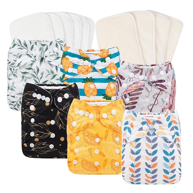 Babygoal Reusable Neutral Cloth Diapers 6 Pack with 10pcs Inserts, One Size Adjustable Washable Pocket Nappy Covers for Baby Boys and Girls 6FN06