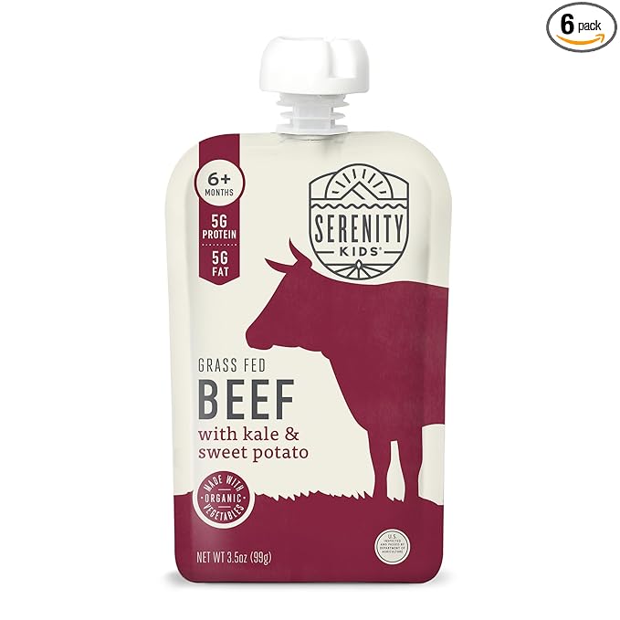 Serenity Kids 6+ Months Baby Food Pouches - Grass Fed Beef Puree with Organic Kale & Sweet Potato - BPA-Free Baby Snacks - 3.5 Oz, 6 Pack