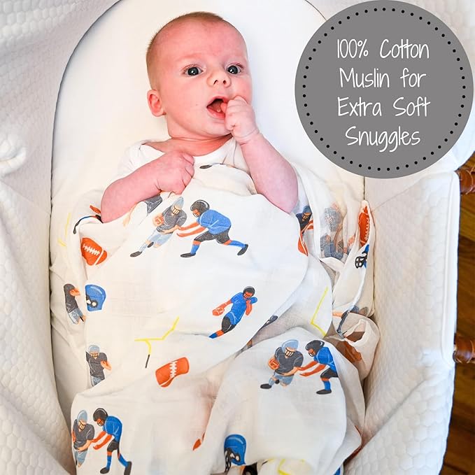 LollyBanks Swaddle Blanket 100% Muslin Cotton, 47 x 47 inches Soft Breathable Muslin Baby Swaddles for Boys, Baby Essentials, Registry and Gift (Football Print), Touchdown
