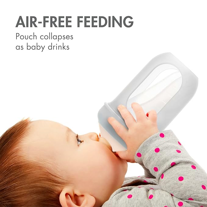 Boon Nursh Reusable Silicone Pouch Baby Bottles - Medium Flow Nipple - Silicone Baby Bottle Pouch and Nipple - Baby Feeding Essentials - Gray - 3-6 Months - 3 Count - 8 Ounce