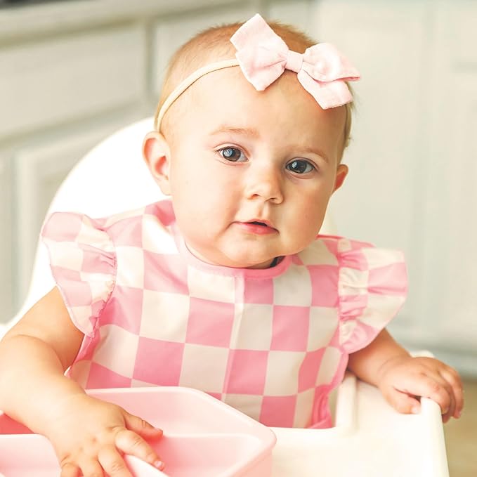 Tiny Twinkle Mess Proof Baby Bibs for Eating – Waterproof, Wipeable Toddler Bibs with Pocket – Baby Food Bibs for Girls & Boys(3 Pack,Checkers Girl)
