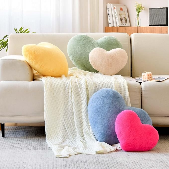 Sage Green Heart Pillows, Cute Heart Decorative Pillow, Heart Shaped Throw Pillows for Bed, Faux Rabbit Fur Plush Hoom Decor Pillow Cushion for Chair Sofa Living Room (Large-19.6"x15.7")