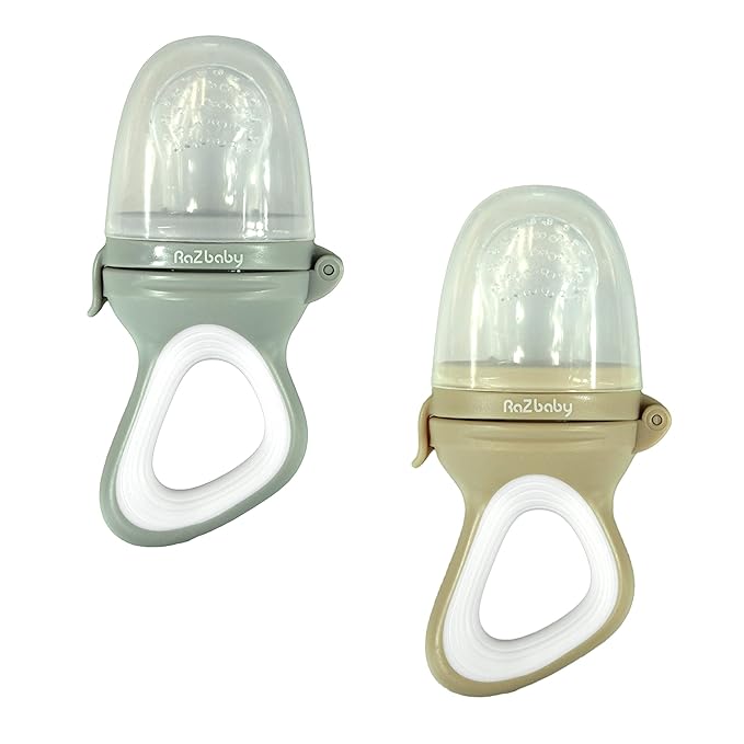 RaZbaby Baby Solids/Frozen Fruit Feeder Pacifier, Infant Teether Toy 6M+, BPA-Free, Safely Introduce Solids, Natural Teething Relief, Dishwasher Safe, Freezable – Grey & Tan 2-Pack