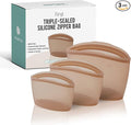 Premium Platinum Silicone Reusable Food Storage Bags 3-Pack (17 fl oz + 29 fl oz + 51 fl oz), Airtight Zip Lock Bags for Food, BPA-Free Silicone Freezer Bags, Brown