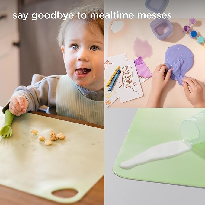 Olababy Fold N Go Silicone Placemat w Travel Case | Dishwasher Safe, BPA Free, Non-Slip, Waterproof | Mini Dining Mat for Infants, Babies, Toddlers and Kids (2, Pearl/Kiwi)