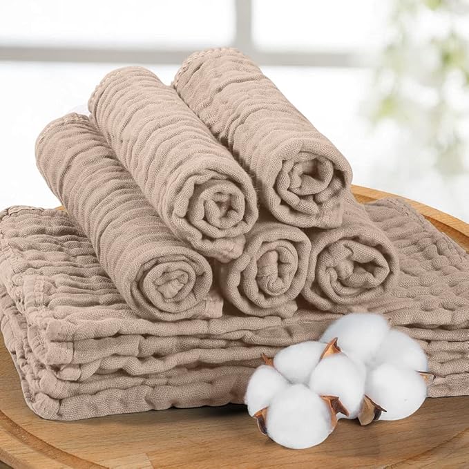 Yoofoss Muslin Burp Cloths for Baby 10 Pack 100% Organic Cotton Baby Washcloths for Boys Girls Large 20''X10'' Super Soft and Absorbent Brown