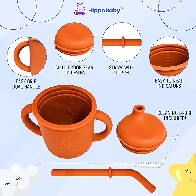 Silicone Transition Sippy Cup for 6+ month old | Includes 1 Toddler straw cup & 1 Baby Sippy Cup with Handles 5 oz | Perfect for Baby Led Weaning (Autumn/Mint, 5 oz)