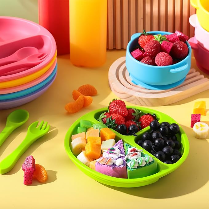 Dandat 24 Pcs Silicone Baby Feeding Set,6 Baby Toddler Suction Bowls 6 Divided Suction Plates with 6 Forks 6 Spoons, Utensils Set for Weaning Infant Feeding and Eating, 6 Styles(Bright Color)