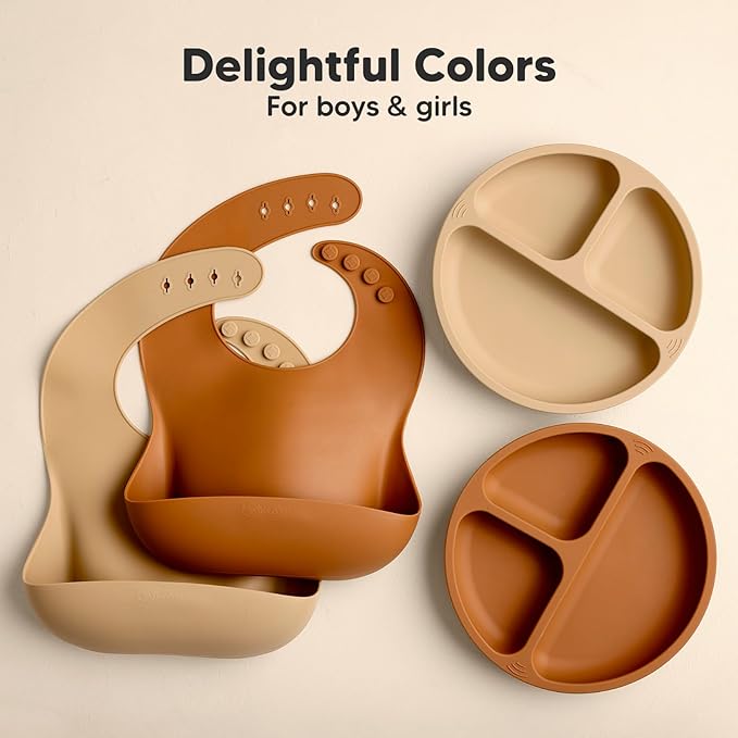 KeaBabies 2-Pack Silicone Baby Bibs for Eating - Sturdy Food-Grade Silicone Bibs for Babies Girl, Boy, Large Food Catcher, Clean & Put On Easily, Waterproof Toddler Feeding Essentials (Terracotta)