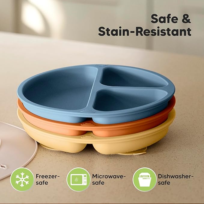 KeaBabies Suction Plates for Baby, Toddler - 3-Pack 100% Silicone Toddler Plates with Suction, Divided, BPA-Free Baby Led Weaning Essentials for Kids, Dishwasher, Microwave Safe, Durable (Valiant)