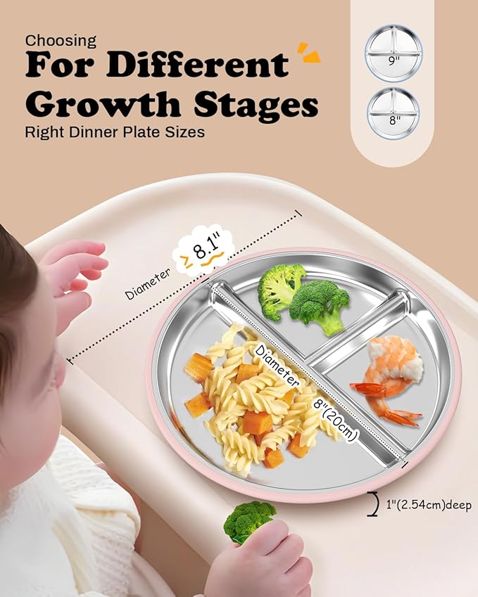 Stainless Steel Baby Plate with Suction, 8” Divided Toddler Plates with Removable Silicone Sleeves for Kids, Non-Toxic Non-Slip Unbreakable Dishwasher Safe Dinnerware Set of 2, Pink & Beige