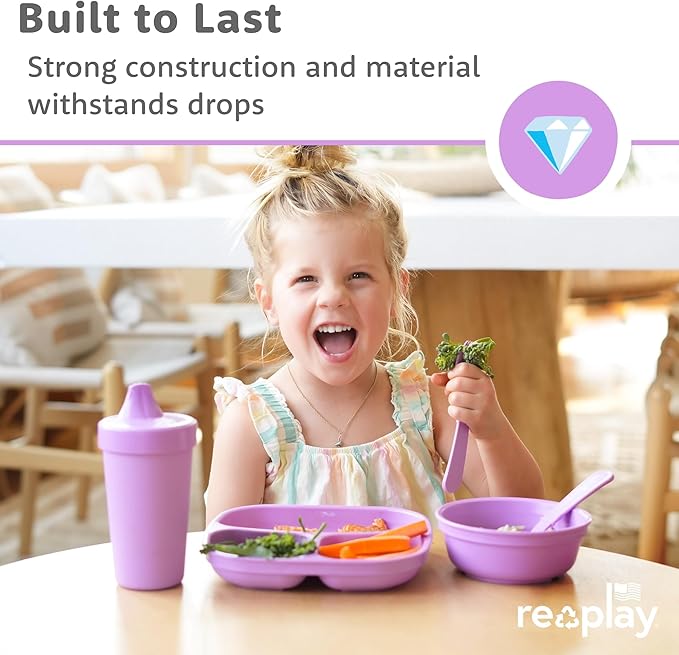 Re-Play Toddler Plates with Dividers & Silicone Lid - Deep-Walled 3 Compartments Divided Plates for Kids - Dishwasher/Microwave Safe - Made in USA - Set of 4-7.37" x 7.37" x 1.25" - Princess