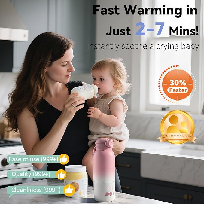 Portable Bottle Warmer, Large 12oz Capacity with Dual Heating Modes for Breast Milk & Water, Smart Temperature Control, Long Battery Life, Bottle Warmer for Outdoor, Airplane & Car Travel, Pink