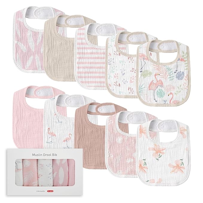 Muslin Baby Drool Bibs for Unisex Boys Girls, 10 Pack Soft Cotton Baby Bib for Teething Drooling, Essentials Shower Gift (10, Light Pink)