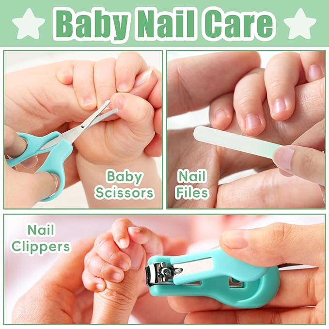 Baby Grooming Kit, Infant Safety Care Set with Hair Brush Comb Nail Clipper Nasal Aspirator,Baby Essentials Kit for Newborn Girls Boys (13 Pc Green Kit)