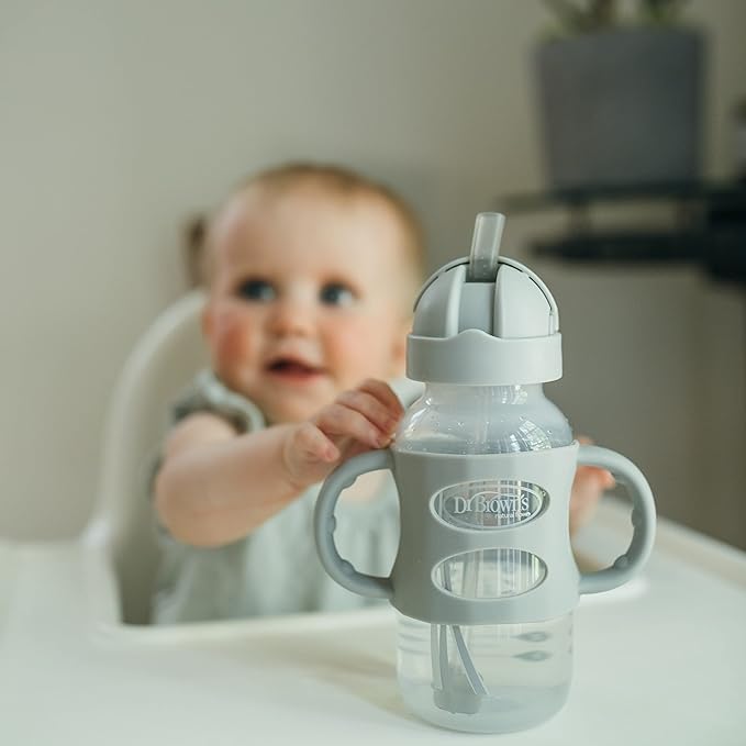 Dr. Brown's Milestones Wide-Neck Sippy Straw Bottle with 100% Silicone Handles and Weighted Straw, 9 oz/270 mL, Gray & Pink, 6m+, 2 Count (Pack of 1)