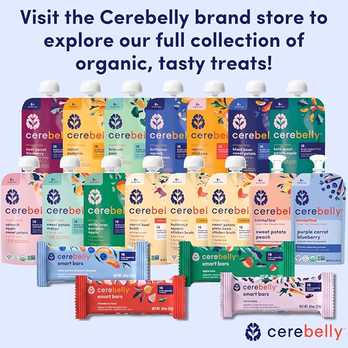 Cerebelly Organic Baby Food Pouches, Spinach Apple Sweet Potato Purees, 16 Nutrients, No Added Sugar, Fiber & Non-GMO, 4oz, 12 Pack