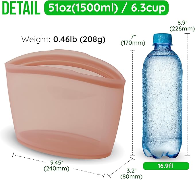 Premium Platinum Silicone Reusable Food Storage Bag 6.3 Cup (53 fl oz), Airtight Zip Lock Bags for Food, BPA-Free Silicone Freezer Bags, Microwave Safe Sous Vide Container, Dry Rose
