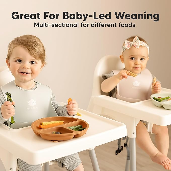 KeaBabies Suction Plates for Baby, Toddler - 3-Pack 100% Silicone Toddler Plates with Suction, Divided, BPA-Free Baby Led Weaning Essentials for Kids, Dishwasher, Microwave Safe, Durable (Burgundy)